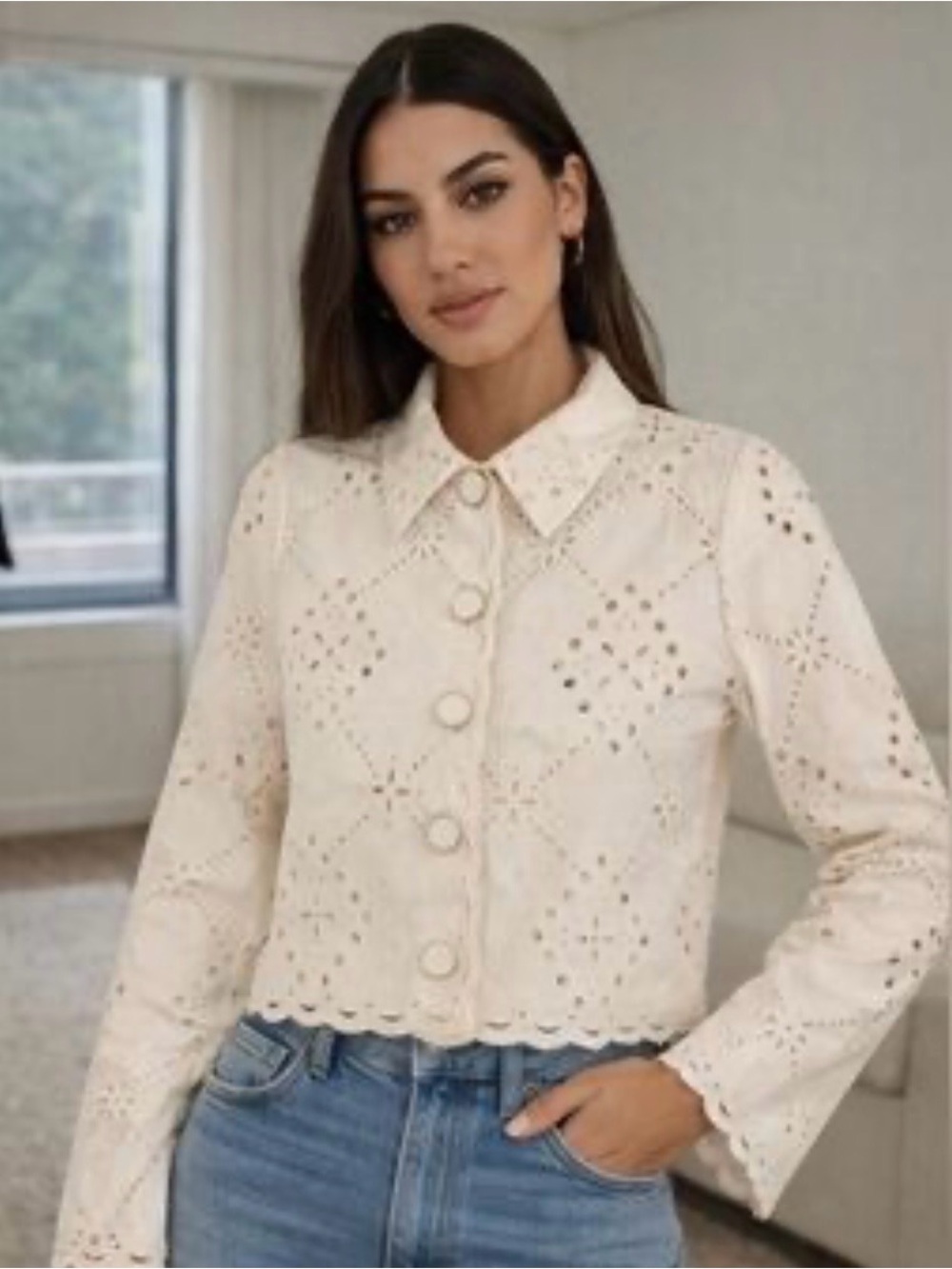 Camila Coelho women’s 100% Cotton Crop Off White Eyelet Jacket Top Cottagecore